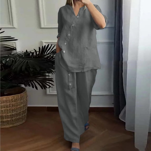LEKWK Linen Sets for Women 2 Piece Plus Size 3/4 Sleeve V Neck Button Tops and Wide Leg Pants Summer Solid Casual Travel Vacation Outfits