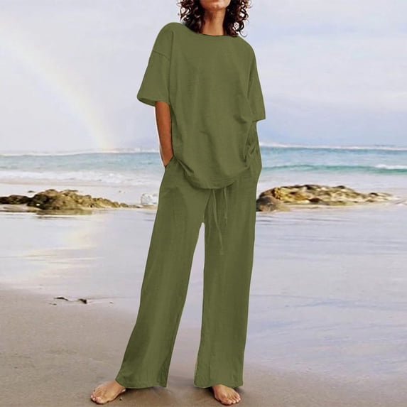 LEKWK Linen Sets for Women 2 Piece Plus Size Short Sleeve Crewneck Loose Fit Tops and Wide Leg Pants Summer Beach Vacation Travel Resort Wear