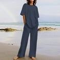 thumbnail image 1 of LEKWK Linen Sets for Women 2 Piece Plus Size Short Sleeve Crewneck Loose Fit Tops and Wide Leg Pants Summer Beach Vacation Travel Resort Wear, 1 of 6