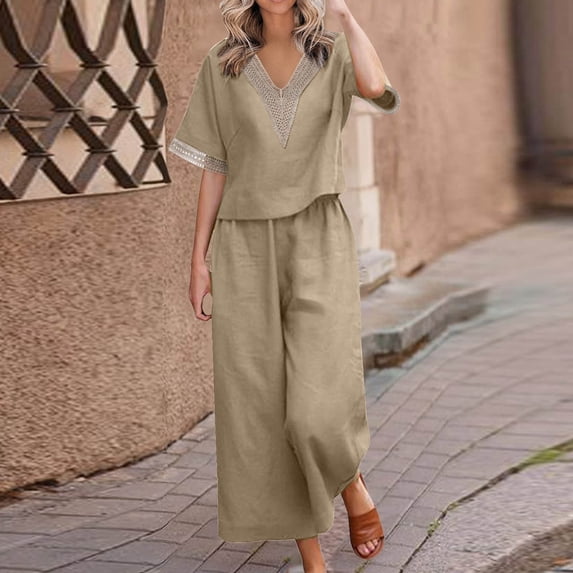 LEKWK Linen Sets for Women 2 Piece Plus Size V Neck Short Sleeve Loose Fit Tops and Wide Leg Palazzo Pants Summer Resort Vacation Casual Outfits