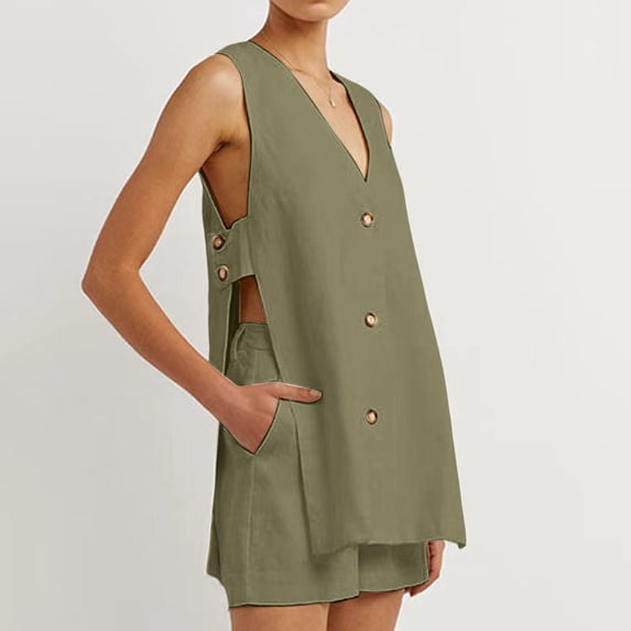 LEKWK Linen Sets for Women 2 Piece Resort Wear Button Down Casual V Neck Tank Top and Baggy Shorts with Pockets Summer Fashion Vacation Outfits