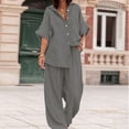 thumbnail image 1 of LEKWK Linen Sets for Women 2 Piece Short Sleeve Collared Button Down Tops and Loose Fit Wide Leg Pants with Pockets Summer Casual Travel Beach Sets, 1 of 5