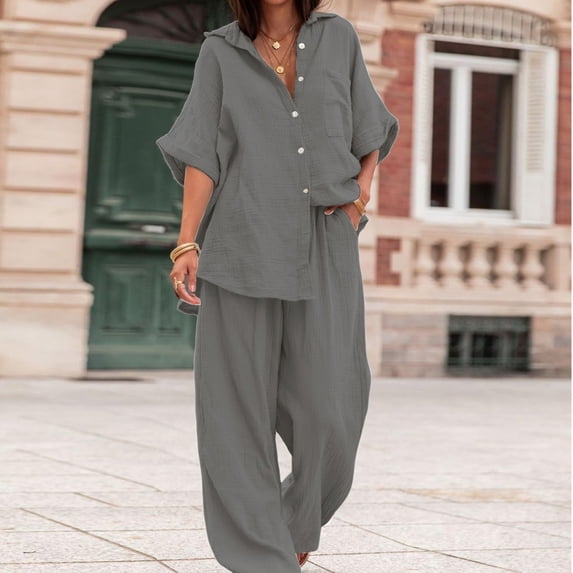 LEKWK Linen Sets for Women 2 Piece Short Sleeve Collared Button Down Tops and Loose Fit Wide Leg Pants with Pockets Summer Casual Travel Beach Sets