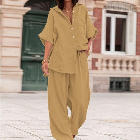 LEKWK Linen Sets for Women 2 Piece Short Sleeve Collared Button Down Tops and Loose Fit Wide Leg Pants with Pockets Summer Casual Travel Beach Sets