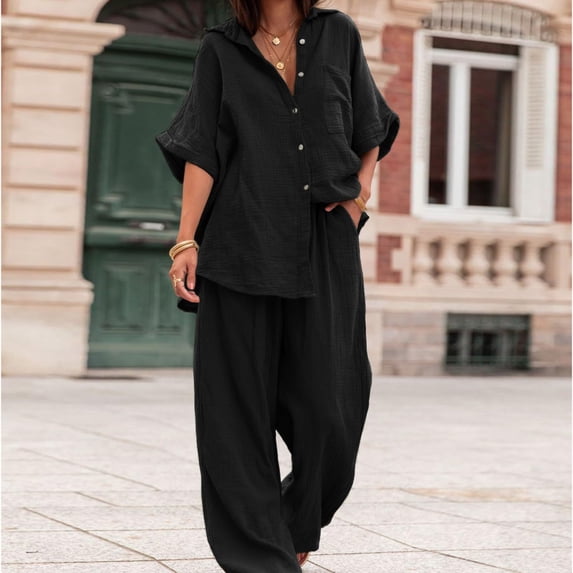 LEKWK Linen Sets for Women 2 Piece Short Sleeve Collared Button Down Tops and Loose Fit Wide Leg Pants with Pockets Summer Casual Travel Beach Sets