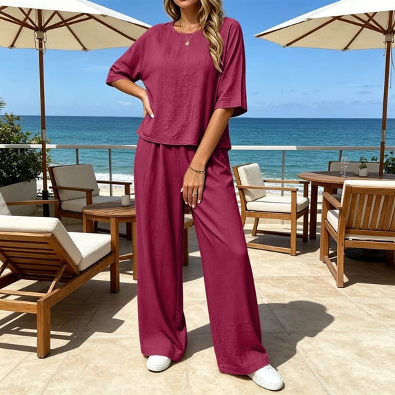 LEKWK Linen Sets for Women 2 Piece Short Sleeve Crewneck Summer Top and Loose Fit Wide Leg Pants Fashion Solid Lounge Beach Vacation Sets
