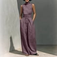 thumbnail image 1 of LEKWK Linen Sets for Women 2 Piece Sleeveless High Neck Tops and High Waist Wide Leg Pants with Pockets Summer Fashion Casual Business Workwear, 1 of 8