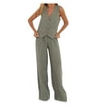 thumbnail image 1 of LEKWK Linen Sets for Women 2 Piece Sleeveless V Neck Button Down Vest and Wide Leg Pants with Pockets Matching Work Business Office Casual Outfits, 1 of 7