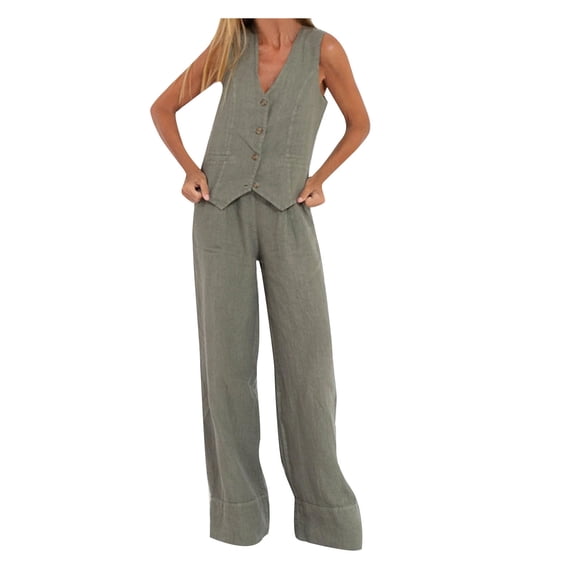 LEKWK Linen Sets for Women 2 Piece Sleeveless V Neck Button Down Vest and Wide Leg Pants with Pockets Matching Work Business Office Casual Outfits