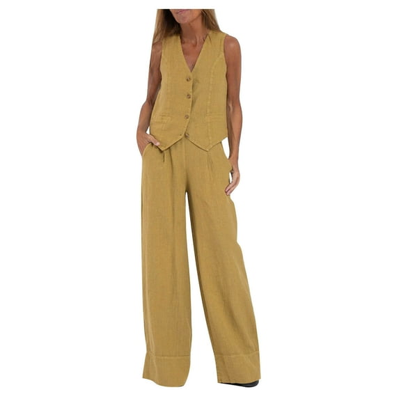 LEKWK Linen Sets for Women 2 Piece Sleeveless V Neck Button Down Vest and Wide Leg Pants with Pockets Matching Work Business Office Casual Outfits