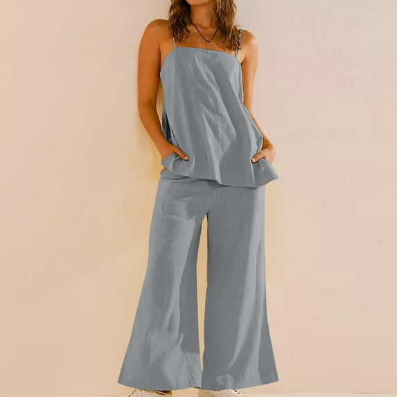 LEKWK Linen Sets for Women 2 Piece Spaghetti Strap Side Slit Tank Tops and Flowy Wide Leg Pants with Pockets Summer Fashion Beach Vacation Clothes