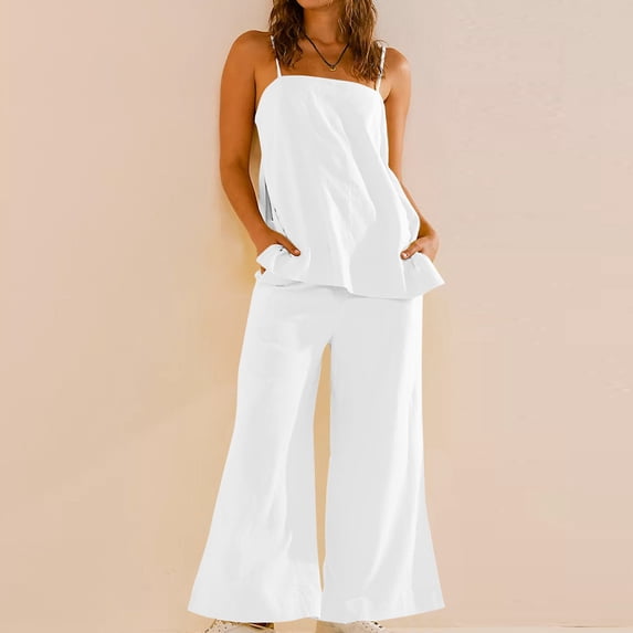 LEKWK Linen Sets for Women 2 Piece Spaghetti Strap Side Slit Tank Tops and Flowy Wide Leg Pants with Pockets Summer Fashion Beach Vacation Clothes