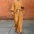 thumbnail image 1 of LEKWK Linen Sets for Women 2 Piece V Neck Long Sleeve Button Down Tops and Drawstring Slit Wide Leg Pants Fashion Casual Travel Beach Resort Sets, 1 of 9