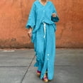 thumbnail image 1 of LEKWK Linen Sets for Women 2 Piece V Neck Long Sleeve Button Down Tops and Drawstring Slit Wide Leg Pants Fashion Casual Travel Beach Resort Sets, 1 of 9