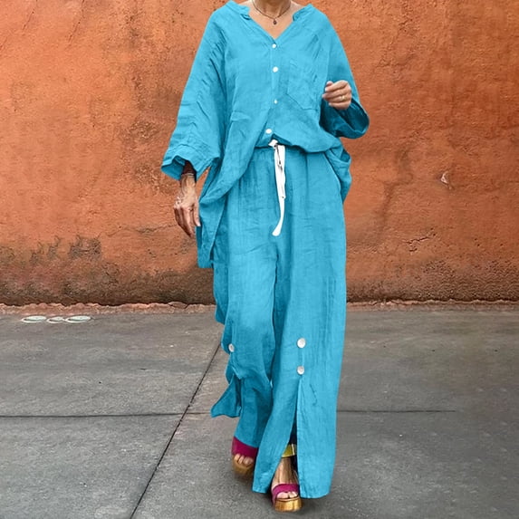 LEKWK Linen Sets for Women 2 Piece V Neck Long Sleeve Button Down Tops and Drawstring Slit Wide Leg Pants Fashion Casual Travel Beach Resort Sets