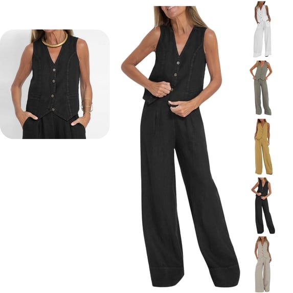 LEKWK Linen Sets for Women 2 Piece V Neck Sleeveless Button Down Vest and Wide Leg Pants with Pockets Summer Fashion Business Casual Work Outfits