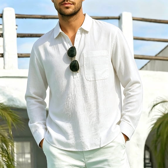 LEKWK Linen Shirts for Men Long Sleeve Henley Collar Tops with Chest Pocket Lightweight Loose Fit Beach Vacation Golf Work Fall Tops