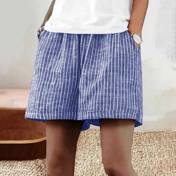 LEKWK Linen Shorts for Women High Waisted Casual Striped Shorts Baggy Comfy Pull On Lounge Shorts with Pockets Summer Beach Travel Vacation Outfits