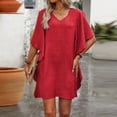 thumbnail image 1 of LEKWK Linen Summer Dresses for Women Short Sleeve V Neck Tunic Dress Loose Fit Ruffle Mini Dress Casual Tiered Flowy Dress Beach Vacation Babydolled outfits, 1 of 6