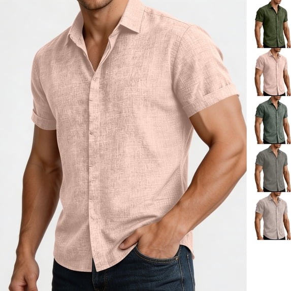 LEKWK Linen Tops for Men Collared Button Down Shirts Lightweight Short Sleeve Rolled Cuff Slim Fit Casual Tees Athletic Work Office Daily Outfits Beige L