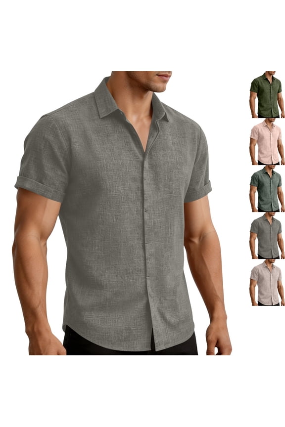 Linen Tops for Men Collared Button Down Shirts Lightweight Short Sleeve Rolled Cuff Slim Fit Casual Tees Athletic Work Office Daily Outfits Gray L