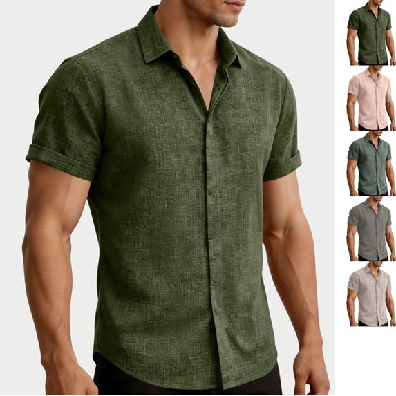 LEKWK Linen Tops for Men Collared Button Down Shirts Lightweight Short Sleeve Rolled Cuff Slim Fit Casual Tees Athletic Work Office Daily Outfits Green M
