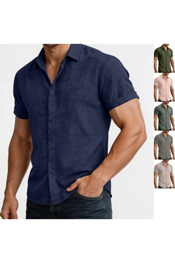 Linen Tops for Men Collared Button Down Shirts Lightweight Short Sleeve Rolled Cuff Slim Fit Casual Tees Athletic Work Office Daily Outfits Navy L