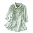thumbnail image 1 of LEKWK Linen Tops for Women V Neck Button Down Summer Tops Short Sleeve Lightweight Floral Embroidered Loose Shirts Fashion Beach Vacation Daily Outfits, 1 of 8