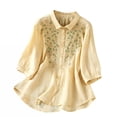 thumbnail image 1 of LEKWK Linen Tops for Women V Neck Button Down Summer Tops Short Sleeve Lightweight Floral Embroidered Loose Shirts Fashion Beach Vacation Daily Outfits, 1 of 8