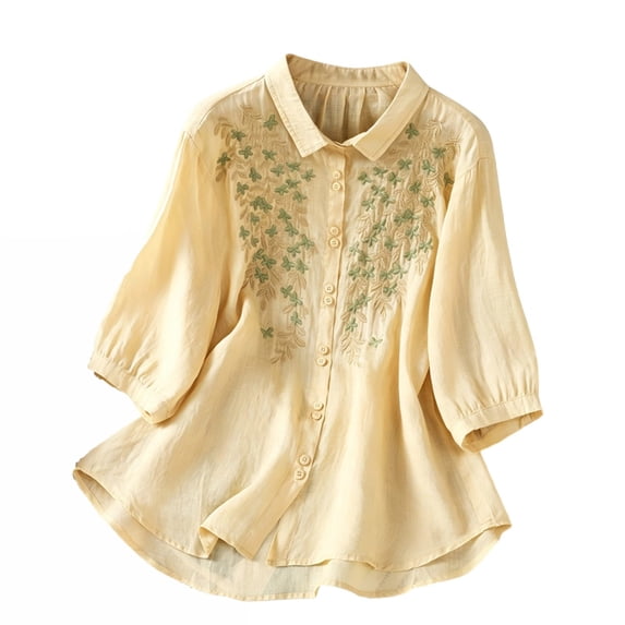 LEKWK Linen Tops for Women V Neck Button Down Summer Tops Short Sleeve Lightweight Floral Embroidered Loose Shirts Fashion Beach Vacation Daily Outfits
