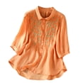 thumbnail image 1 of LEKWK Linen Tops for Women V Neck Button Down Summer Tops Short Sleeve Lightweight Floral Embroidered Loose Shirts Fashion Beach Vacation Daily Outfits, 1 of 8