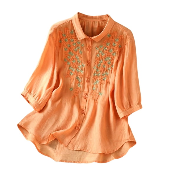 LEKWK Linen Tops for Women V Neck Button Down Summer Tops Short Sleeve Lightweight Floral Embroidered Loose Shirts Fashion Beach Vacation Daily Outfits