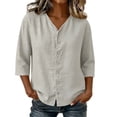 thumbnail image 1 of LEKWK Linen Tops for Women 3/4 Sleeve Button Down Tunic Tops Loose Fit V Neck Lightweight Solid Shirts Summer Beach Vacation Daily Outfits, 1 of 5