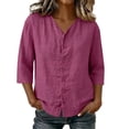 thumbnail image 1 of LEKWK Linen Tops for Women 3/4 Sleeve Button Down Tunic Tops Loose Fit V Neck Lightweight Solid Shirts Summer Beach Vacation Daily Outfits, 1 of 5