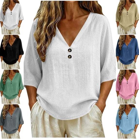 LEKWK Linen Tops for Women 3/4 Sleeve V Neck Casual Shirts Lightweight Loose Fit Solid Comfy T-Shirt Summer Travel Vacation Outfits