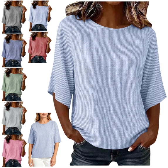 LEKWK Linen Tops for Women Loose Fit 3/4 Sleeve Casual Striped Shirts Lightweight Crewneck Comfy Summer Tops Fashion Beach Vacation Daily Outfits