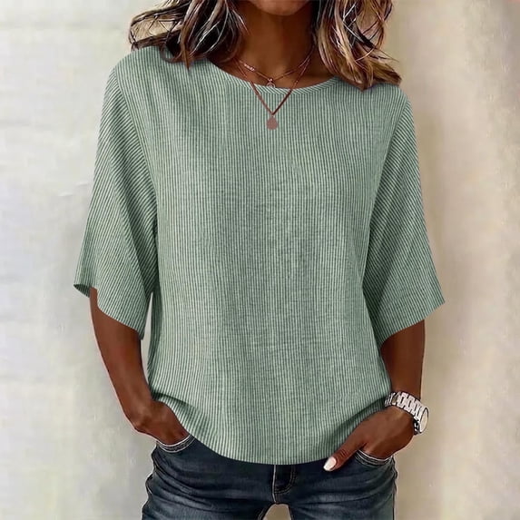 LEKWK Linen Tops for Women Loose Fit 3/4 Sleeve Casual Striped Shirts Lightweight Crewneck Comfy Summer Tops Fashion Beach Vacation Daily Outfits