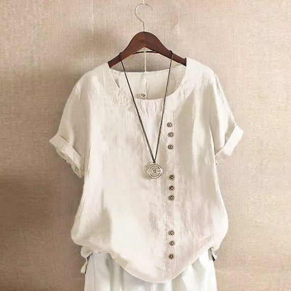 LEKWK Linen Tops for Women Plus Size Crew Neck Short Sleeve Casual Shirts Lightweight Loose Fit Comfy Blouses Summer Beach Vacation Lounge Outfits