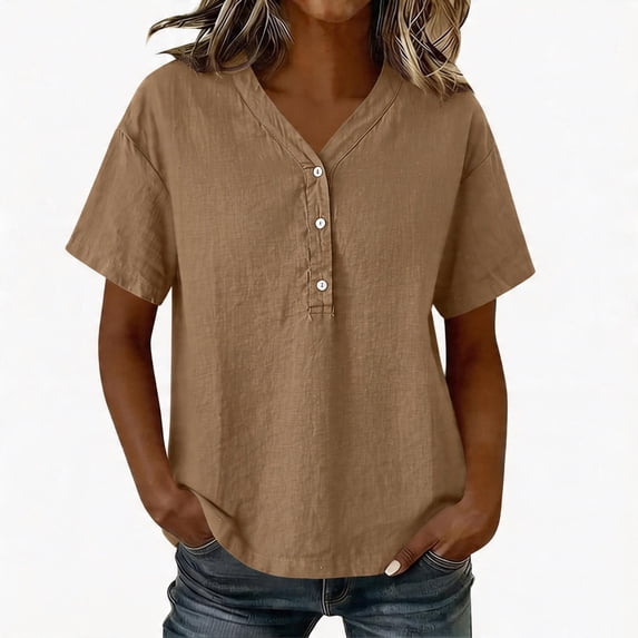 LEKWK Linen Tops for Women Short Sleeve Button V Neck Casual Shirts Lightweight Loose Fit Solid Summer Tops Fashion Beach Vacation Daily Outfits