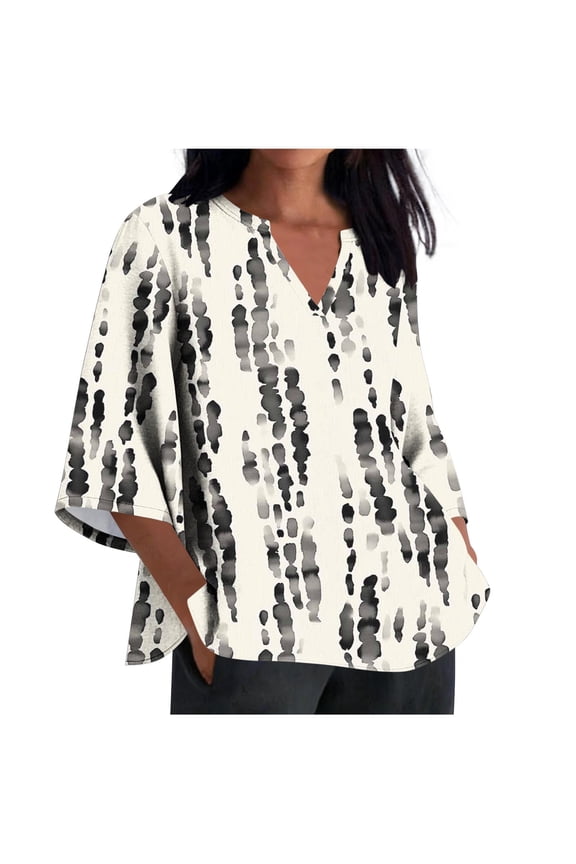 Linen Tops for Women Watercolor Leaf Print Split V Neck 3/4 Wide Sleeve Tops Casual Blouses Graphic Boho Holiday Beach Wear