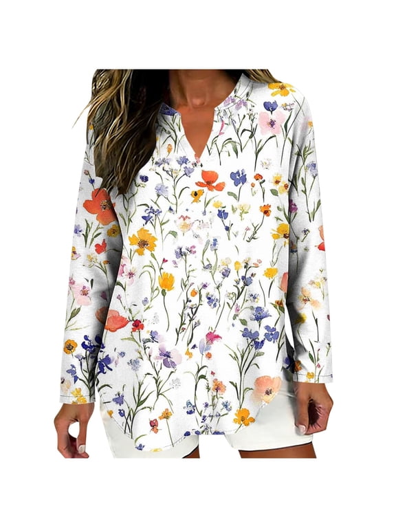 Linen Tunic Tops for Women Wildflower Print Split V Neck Long Sleeve Tops Boho Tops Vintage Floral Graphic Loose Fit Vacation Travel Wear