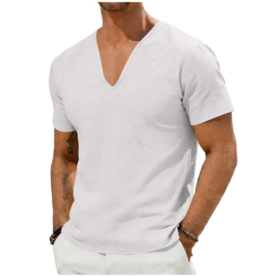 LEKWK Linen V Neck T Shirts for Men Slim Fit Short Sleeve Mens Cotton T Shirts Solid Plain Casual Shirts Summer Beach Daily Soft Basic Tees
