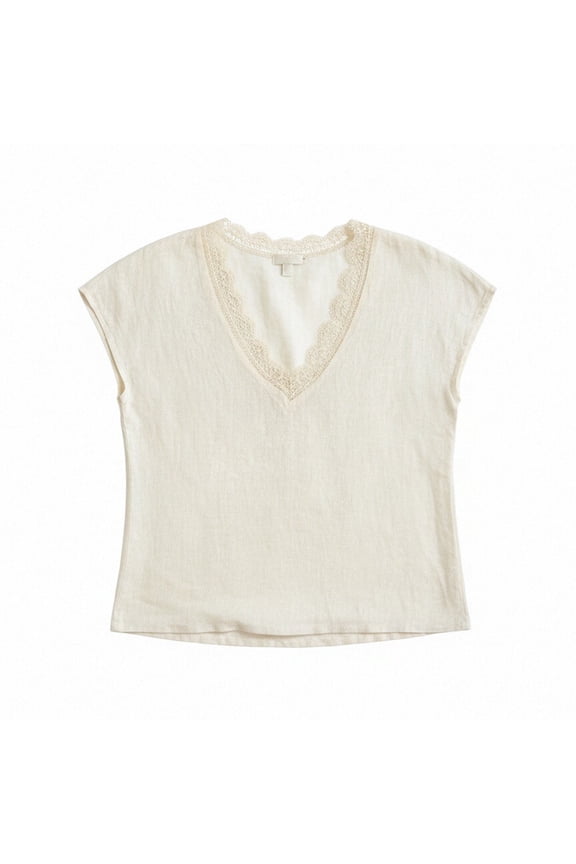 Linen Women Top Lace Trim V-Neck Short Sleeve Tops Dressy Casual Blouses Solid Loose Fit Soft Summer Date Night Wear