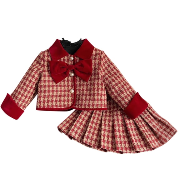 LEKWK Little Girls 2-Piece Skirt Set Houndstooth Plaid Jacket Velvet Bow Collar Pleated Skirt Preppy Uniform School Style formal Party Outfits Set