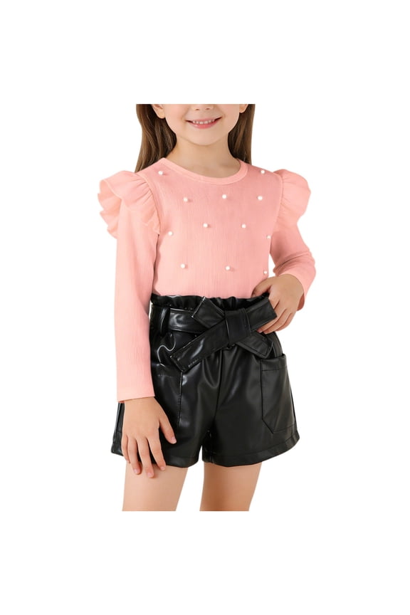 Little Girls Fashion Outfit Long Sleeve Ribbed Knit Top with Ruffle Trim and Faux Leather Shorts with Belt Pockets Stylish Daily Casual Clothing Set