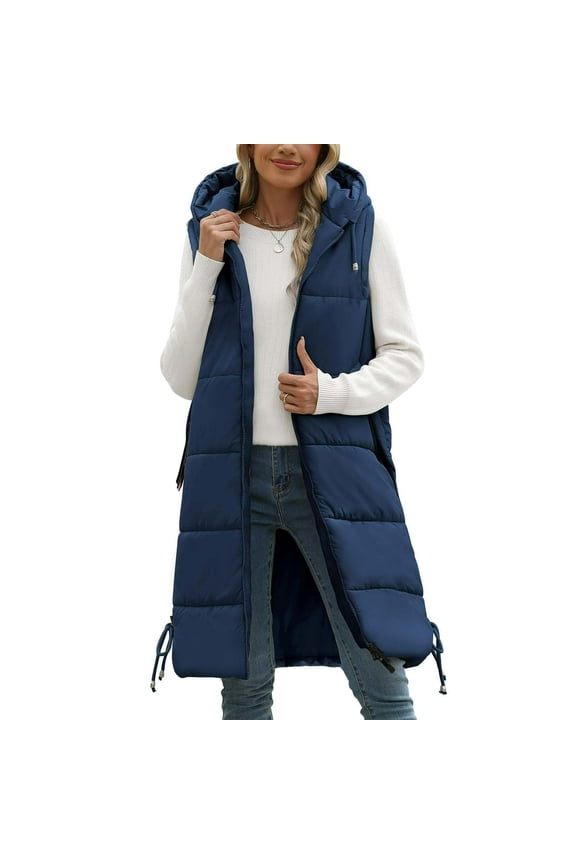 Long Puffer Vest Women Sleeveless Full Zip up Down Jackets Drawstring Warm Padded Down Coats Hooded Quilted Thermal Tunic Heavy Winter Coat with Pockets Outerwear