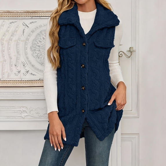 LEKWK Long Sherpa Vest Women Button Down Sleeveless Warm Fuzzy Jacket Lightweight Relaxed Fit Casual Fleece Vest Fall Winter Layering Navy M