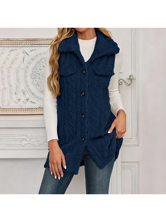 Long Sherpa Vest Women Button Down Sleeveless Warm Fuzzy Jacket Lightweight Relaxed Fit Casual Fleece Vest Fall Winter Layering Navy M