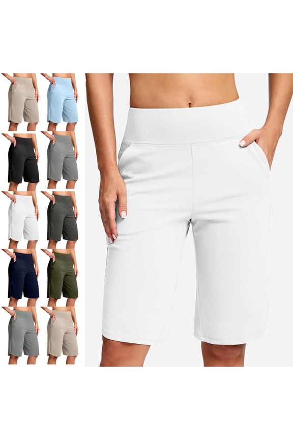 Long Shorts for Women Tummy Control High Waisted Yoga Shorts Knee Length Loose Fit Bermuda Shorts with Pockets Summer Yoga Walking Athletic Outfits