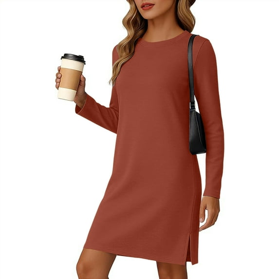 LEKWK Long Sleeve Dress for Women Crew Neck Casual Mini Dress ComfortableSide Slit Slim Fit Dress Office Work Daily Spring outfits